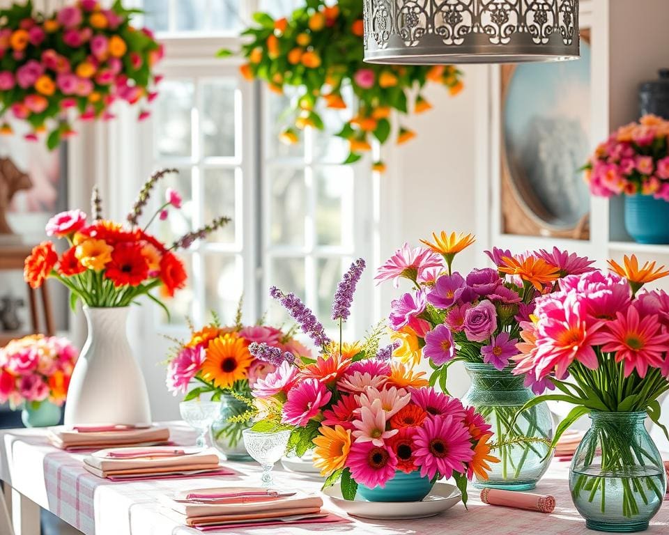 Frühjahrsdeko mit Blumenarrangements und hellen Farben